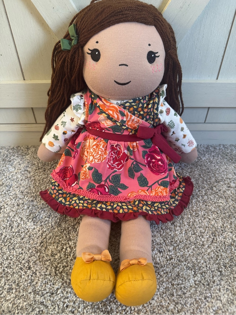 Matilda Jane Fabric Plush Doll with Brown Yarn Hair Yellow Shoes Fall Floral